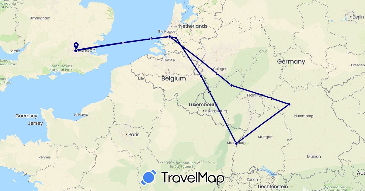 TravelMap itinerary: driving in Belgium, Germany, France, United Kingdom, Netherlands (Europe)